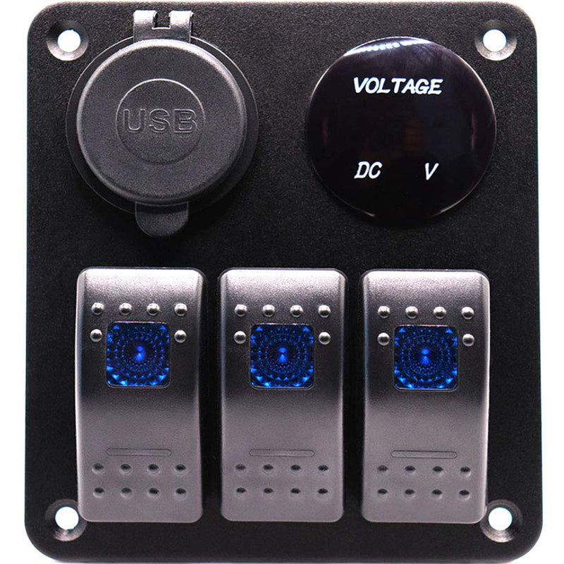 3 Gang Waterproof Marine Boat Rocker Switch Aluminum Panel, DC 12V/24V 5 Pin ON-Off Switch, with Upgrade Arc LED Digital Display Voltmeter and 4.8A Dual USB Slot Socket for Boat Car Rv Vehicles Truck - BeesActive Australia