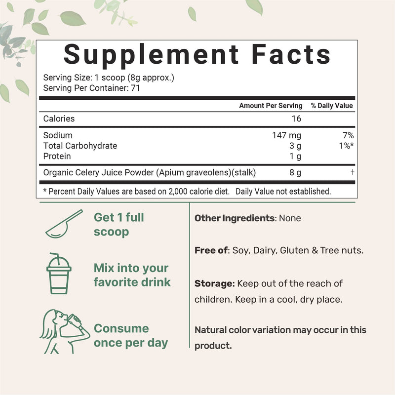 Organic Celery Juice Powder, 20 Ounce (1.25 Pound), 71 Serving, Celery Detox and Cold Pressed, Boosts Immune System, Energy and Supports Gut Health, Rich in Immune Vitamin C and Minerals, Vegan - BeesActive Australia