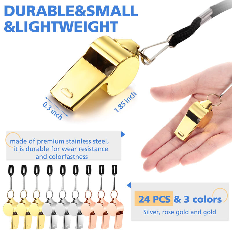 Meooeck 24 Pieces Stainless Steel Sports Whistles Loud Metal Whistle with Lanyards Metal Loud Whistle for Referees Coaches Officials Police Football Basketball Soccer Hockey, 3 Colors - BeesActive Australia