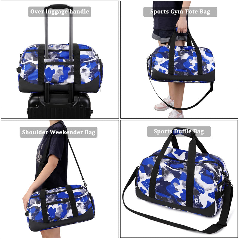 Kids Overnight Duffle Bag Boys Sport Gym Bag with Shoe Compartment & Wet Pocket, Carry On Weekender Travel Bag for Kid Boys Camo Blue - BeesActive Australia