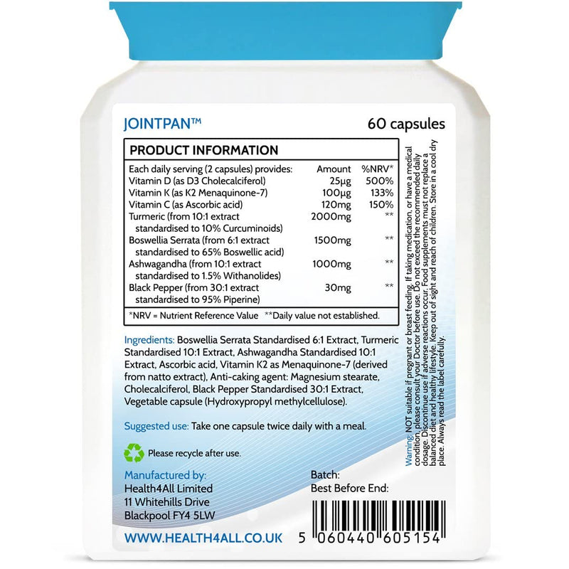 Health4All Jointpan Joint Support 60 Capsules (not Tablets) with Boswellia Serrata, Turmeric, Ashwagandha, Vitamins D3 and K2 MK-7. Strong Joint Pain, stiffnes and OA Supplement 60 Count (Pack of 1) - BeesActive Australia