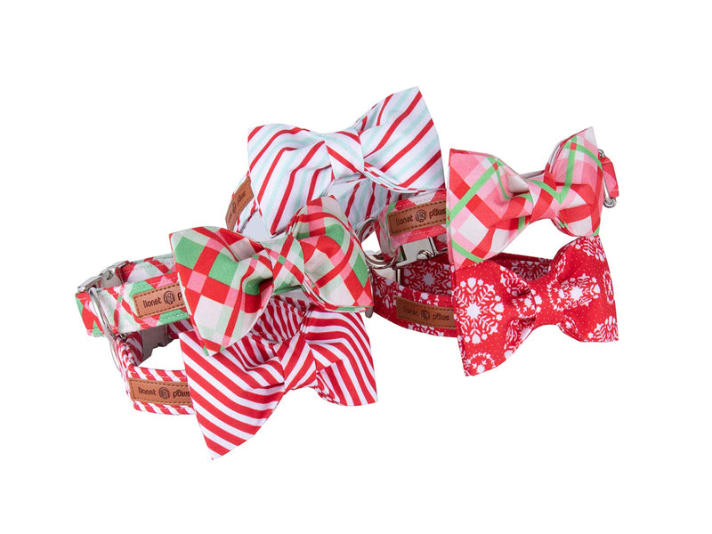 Lionet Paws Christmas Dog Collar with Bowtie Durable Adjustable Handmade Comfortable Bow Tie Dog Collar Cat Collar with Metal Buckle,Party,Festival,Holiday Style Girl Boy Gift Large (Pack of 1) Red&White Stripe - BeesActive Australia