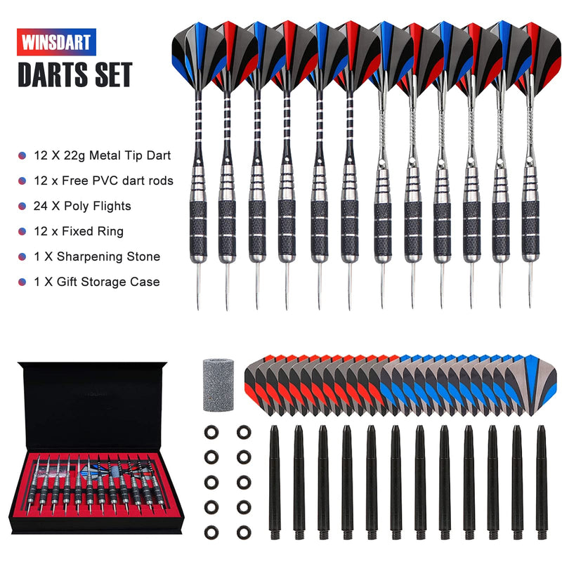 WINSDART Steel Tip Darts Set, 12 Pack Professional Metal Darts for Dartboard with Nonslip Dart Shafts, 2 Style Flights, Darts Sharpener and Gift Case shape1 - BeesActive Australia