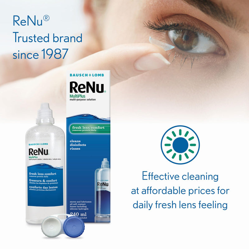 ReNu MultiPlus Multi-Purpose Contact Lens Solution, 240ml, for Soft Contact Lenses, Moisturise, Remove Protein, Clean, Disinfect, Lubricate, Rinse and Store Your Lenses, Lens Case Included Pack of 1 Single - BeesActive Australia