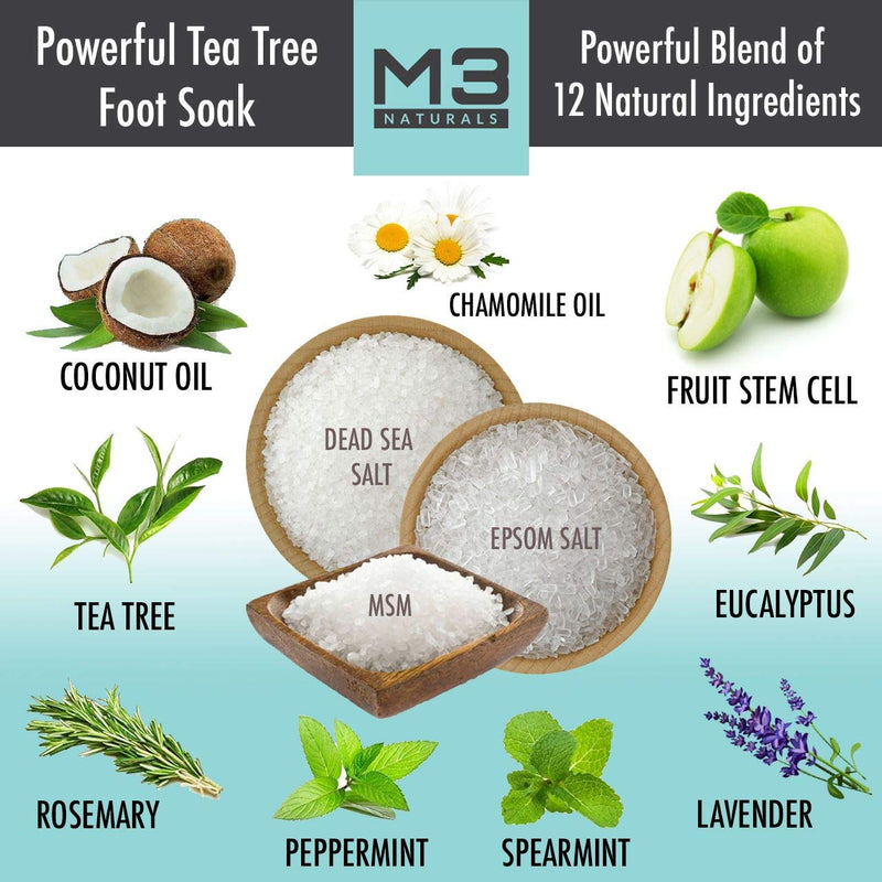 M3 Naturals Tea Tree Oil Foot Soak Infused with Stem Cell - Epsom Salt Foot Spa for Athletes Foot, Toenail Fungus, Callus Remover, Stubborn Foot Odor - Essential Pedicure Foot Bath for Tired Feet 16oz - BeesActive Australia