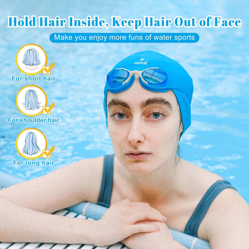 2 Pack Lycra Swim Caps for Women Men, High Elasticity Spandex Fabric Swimming Caps for Long/Short Hair, Comfortable Swim Hats with Ear Plugs & Nose Clip Black+Blue - BeesActive Australia