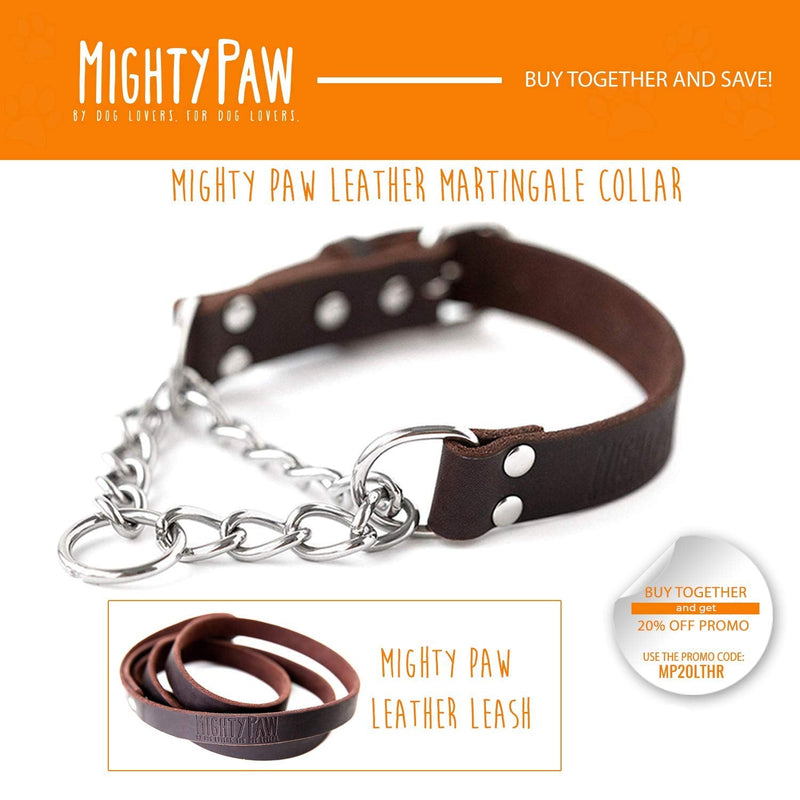 Mighty Paw Leather Training Collar, Martingale Collar, Stainless Steel Chain - Premium Quality Limited Chain Cinch Collar. Medium Brown - BeesActive Australia