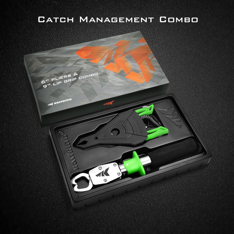 KastKing Fishing Pliers with Fish Lip Gripper, Saltwater Resistant Fishing Tools, Fishing Gear with Rubber Handle, Lanyard, Line Cutter Hook Remover with Sheath, Ice Fishing Gear, Fishing Gift for Men F: 6'' Straight Nose Plier and 9'' Lip Grip - Green - BeesActive Australia