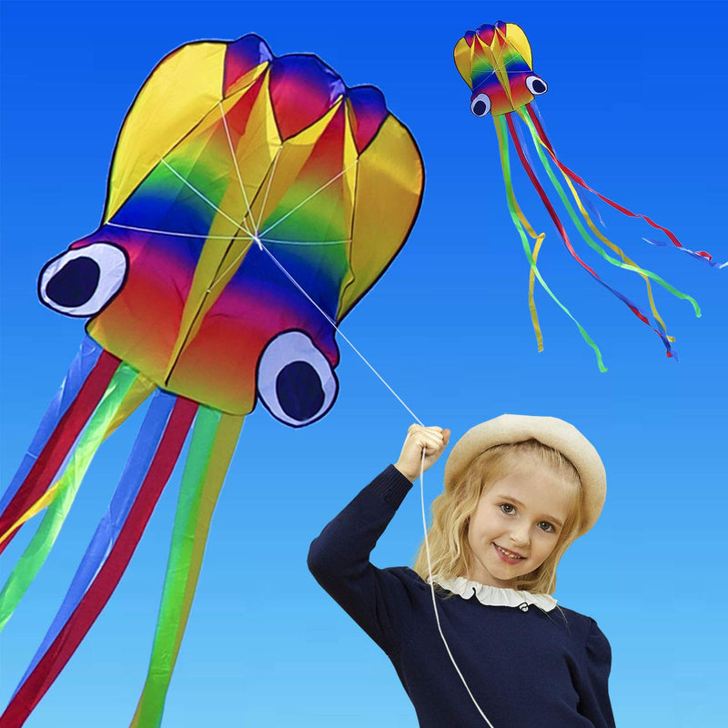 14ft R2F Rainbow Soft Octopus Kite for Kids and Audlts---Large Kite with 11.5ft Long Tail and 200ft Flying line---Easy to Fly Toy for Outdoor Games Beach and Activities - BeesActive Australia