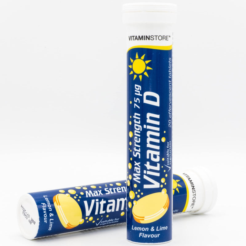 Vitamin Store Vitamin D Effervescent Tablets, 3 Packs of 20 High Strength Vitamin D Supplement - Max Strength 75ug - Lemon & Lime Flavoured Vegan Tablets To Support Bone Health & Healthy Immune System 1 Count (Pack of 3) - BeesActive Australia
