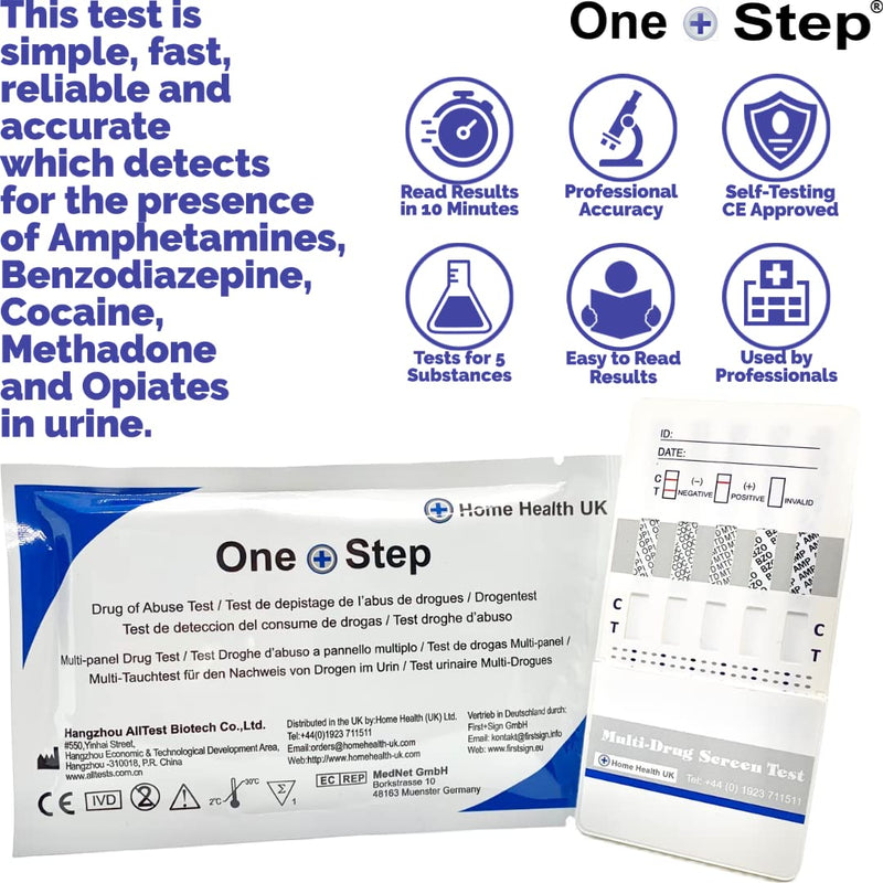 5 x 5 Panel Urine Home Drug Test Kit - Tests for Cocaine, Heroin, Speed, Valium and Methadone 5 Tests - BeesActive Australia