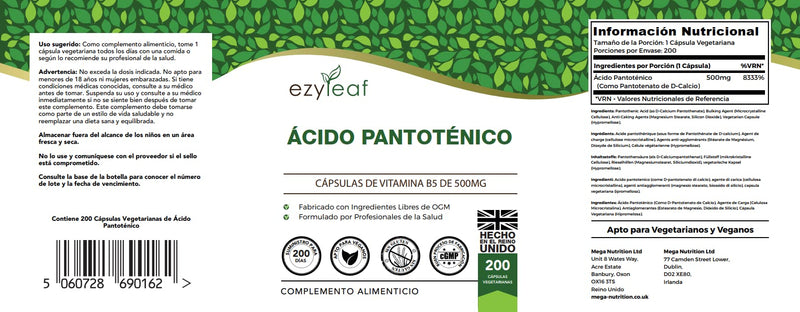Ezyleaf Pantothenic Acid 500mg Supplement | 200 High Strength Vitamin B5 Capsules - Vitamin B5 Pantothenic Acid Capsules | Pantothenic B5 Acid | ISO Certified, Non-GMO Gluten & Allergen Free | UK Made - BeesActive Australia