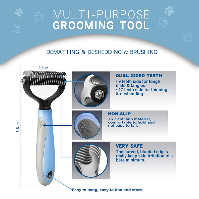 GOESWELL Pet Deshedding Brush - Undercoat Rake for Dogs & Cats - Double Sided Brush for Shedding and Dematting Comb Grooming Tool kit - Nail Clippers & Nail File Blue(3 Pack) - BeesActive Australia