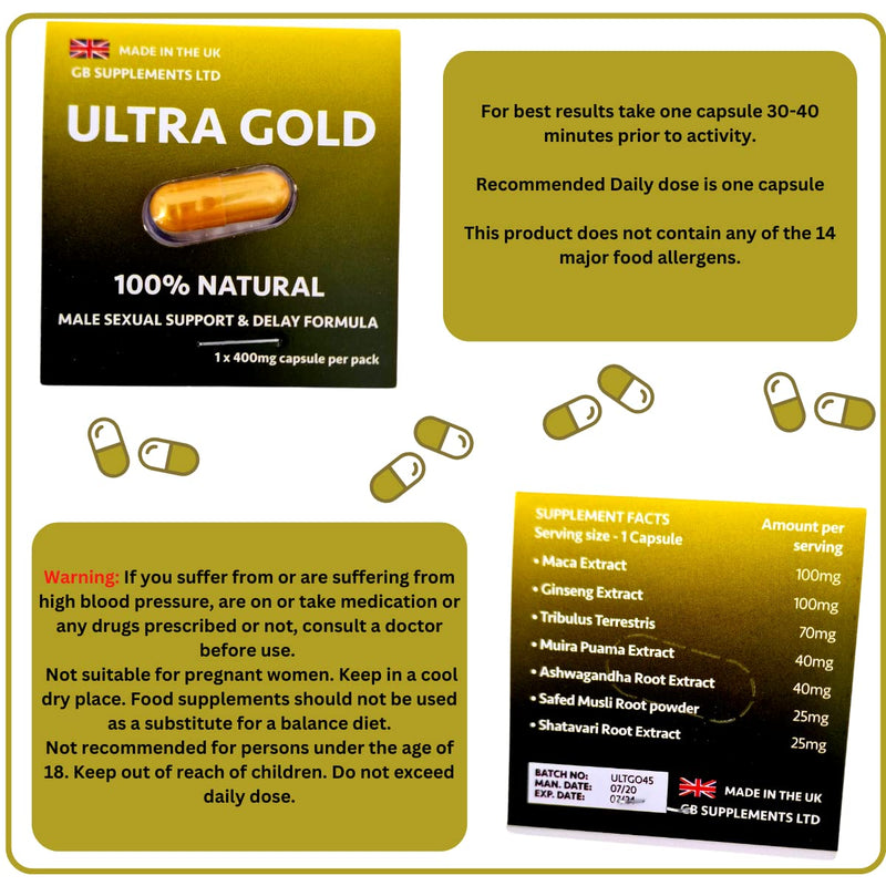 12 x Ultra Gold high strength capsules with Delay, 100% Herbal sexual support supplement for men! Stamina, Libido, Endurance support - BeesActive Australia