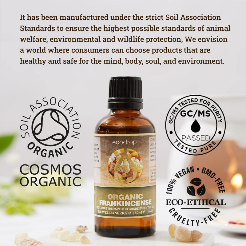 Ecodrop Frankincense Essential Oil I 50ml I Cosmos Certified Organic and 100% Pure Essential Oils I Top Therapeutic Grade for Aromatherapy I Use for Massage, Diffusers & Bat Organic Frankincense - BeesActive Australia