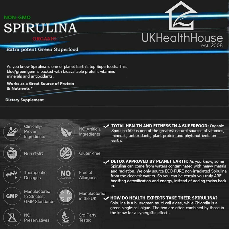 Organic Spirulina 500mg x 30 Tablets - High Strength Pure Green Detox Cleanse Natural Superfood, Vegan, Protein, Iron, Vitamins, Nutrition & Energy - BeesActive Australia