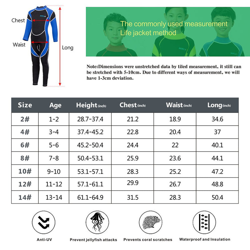 IREENUO Kids Wetsuit Neoprene 2.5mm Thick Long Sleeve One Piece UV Protection Sun Protection Sunsuit Wetsuit for Girls Boys blue 4# - BeesActive Australia
