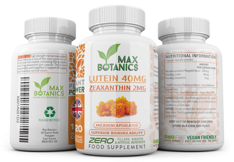 Lutein 40mg with Zeaxanthin 2mg | Microencapsulated | High Strength | 120 Capsules | Natural Eye Support | No Additives | Vegan | UK Made | GMP (120 Capsule Bottle) 120 Count (Pack of 1) - BeesActive Australia