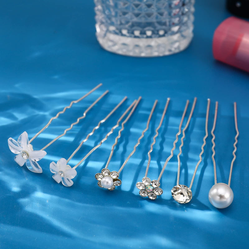 AUXSOUL 30Pcs Bridal Hair Pins, Crystal Pearl Hair Pins U Shaped Diamond Hair Pins, Wedding Rhinestone Hair Clip for Women Girl (6 styles) - BeesActive Australia