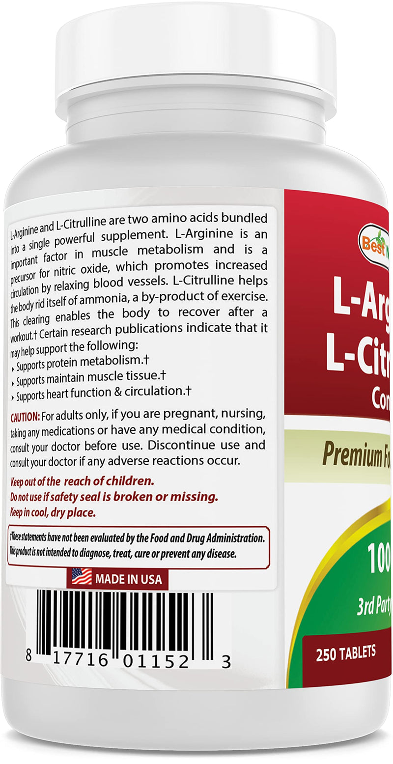 Best Naturals L-Arginine L-Citrulline Complex 1000 mg 250 Tablets (250 Count (Pack of 1)) 250 Count (Pack of 1) - BeesActive Australia