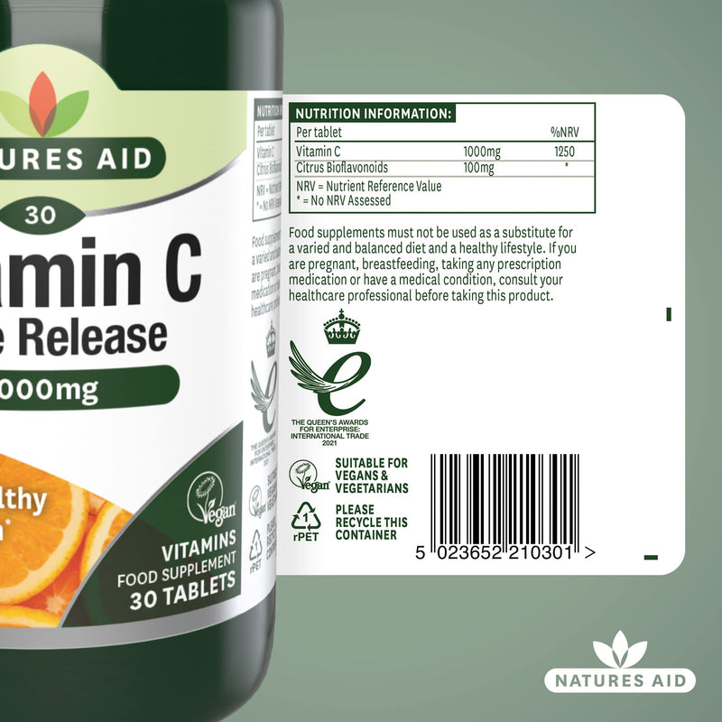 Natures Aid Vitamin C, Time Release 30 Tablets, 1000 mg (with Citrus Bioflavonoids, Slow Release, for the Normal Function of the Immune System, Vegan Society Approved, Made in the UK) Vitamin C Time Release 1000 mg, 30 Tablets - BeesActive Australia