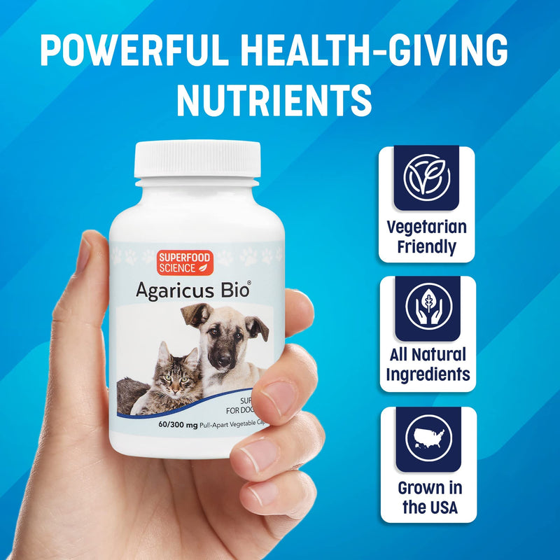 Atlas World Agaricus Bio, Agaricus Blazei for Pet Immune System Support, Cat and Dog Immune Booster, Organic Agaricus Blazei Mushroom Supplement for Dogs and Cats, 300 mg, 60 Vegetable Capsules - BeesActive Australia