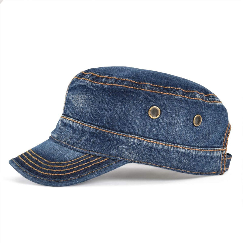 VOBOOM Washed Cotton Military Caps Cadet Army Caps Unique Design Vintage Flat Top Cap Denim Dark Blue - BeesActive Australia