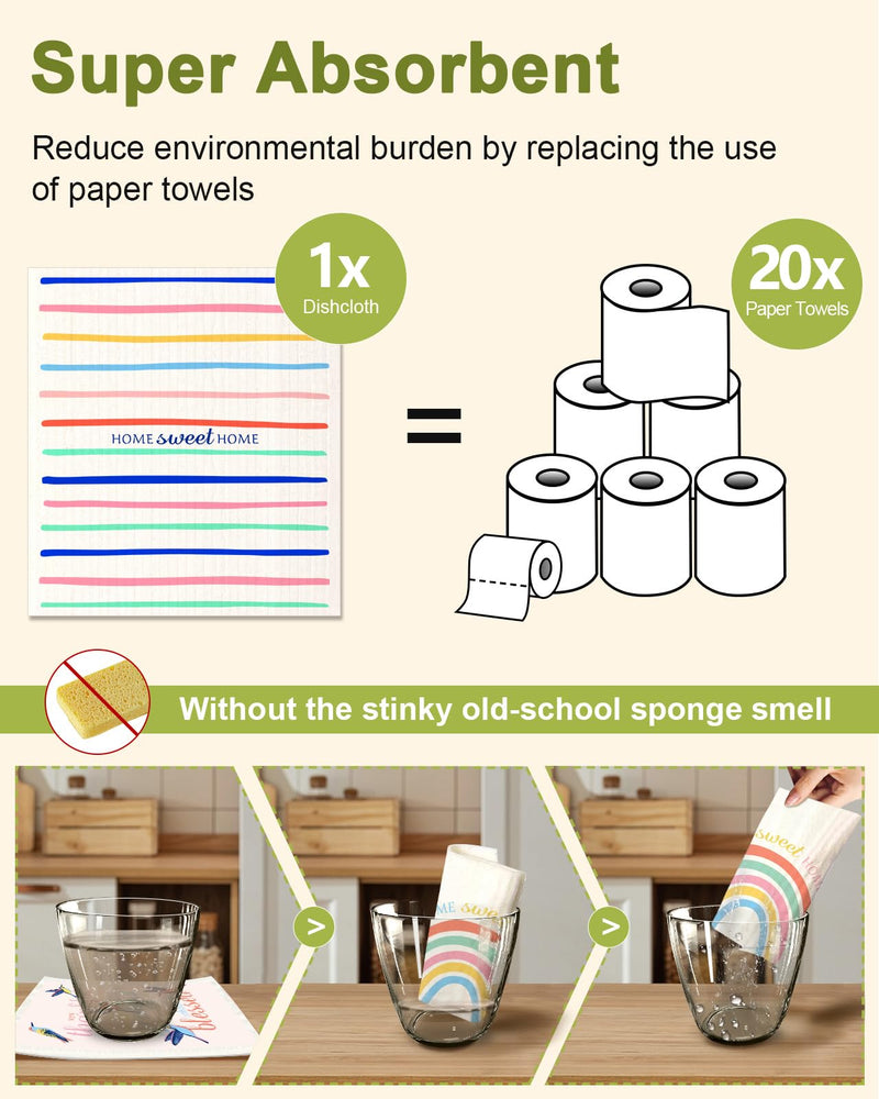 Miss Adola Swedish Dishcloths for Kitchen Reusable Swedish Cloths for Washing Dishes Absorbent Fast Drying No Odor Cleaning Swedish Sponge Decorate 6Pack Washable Swedish Towels, Rainbow - BeesActive Australia