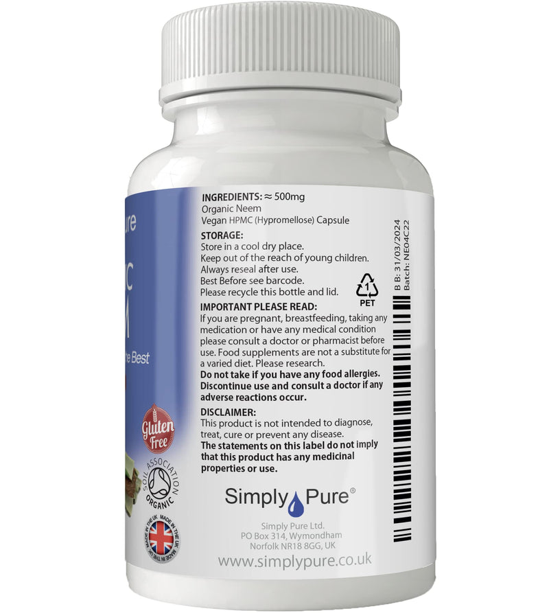 Simply Pure Organic Vegan Neem Capsules x 90, 500mg, 100% Natural Soil Association Certified, Gluten Free and GM Free. - BeesActive Australia
