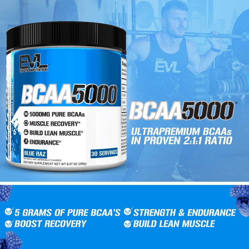 Evlution Nutrition BCAA5000 Powder 5 Grams of Branched Chain Amino Acids (BCAAs) Essential for Performance, Recovery, Endurance, Muscle Building, Keto Friendly, Zero Sugar, 30 Servings (Blue Raz) - BeesActive Australia
