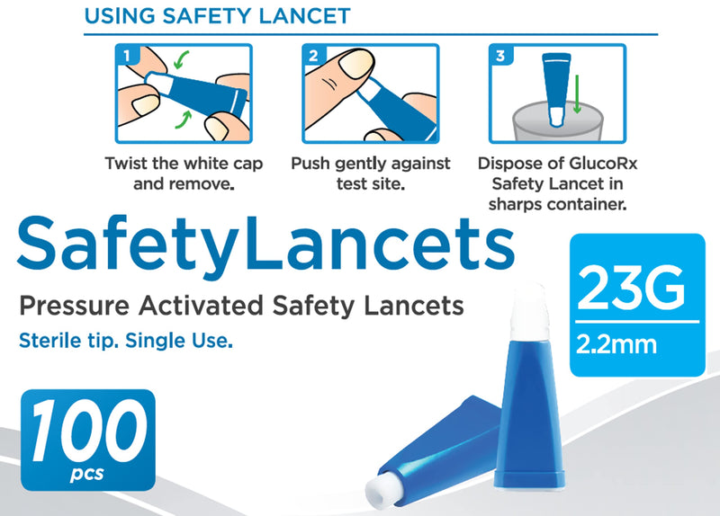 GlucoRx 23 g/2.2 mm Safety Lancets, Total 100 (Eligible for VAT relief in the UK) - BeesActive Australia