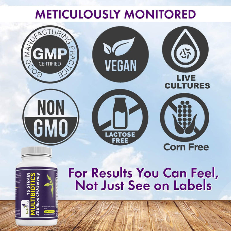 BioCultures Complex - 16 Live Strains with 30 Billion CFU/Serving Source Powder - Vegan Time Release Capsules. With Lactobacillus Acidophilus and Bifidobacterium - Made in UK by Nutrizing - BeesActive Australia