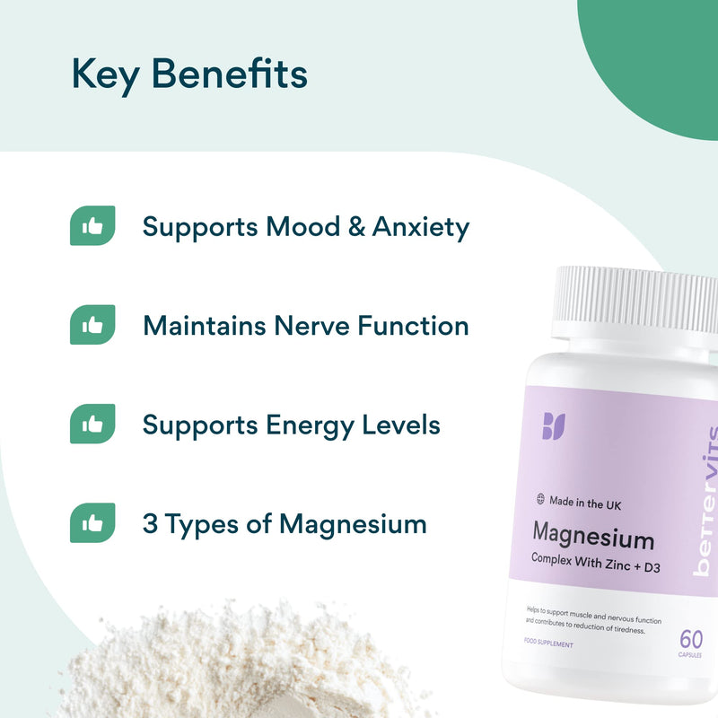 BetterVits Magnesium Complex | 3 Types Glycinate, Malate, Citrate | Potent Dose | Anxiety | Mood | Fatigue | With D3 & Zinc - BeesActive Australia