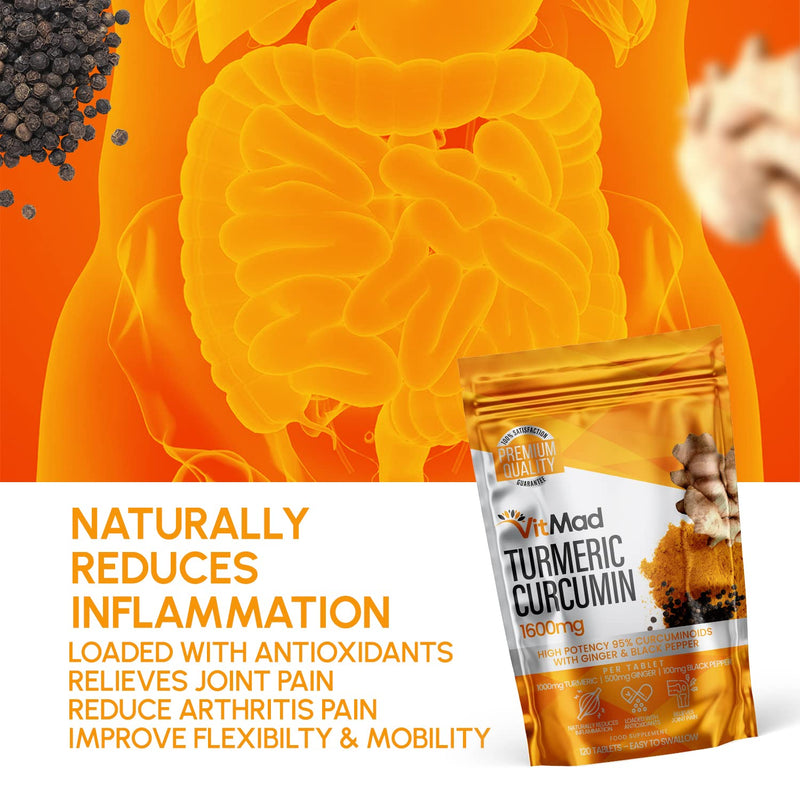 Turmeric Curcumin Ginger Black Pepper - 120 Tablets - 95% Curcuminoids - Naturally Reduces Inflammation - BeesActive Australia