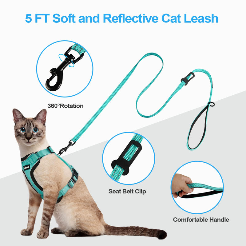 PetBonus Adjustable Cat Harness and Leash, Escape Proof Safe Breathable Pet Vest Harnesses for Walking, Easy Control Reflective Strip Comfortable Leash and Harness Set Jacket for Cats, Kitten, Kitty Turquoise X-Small - BeesActive Australia