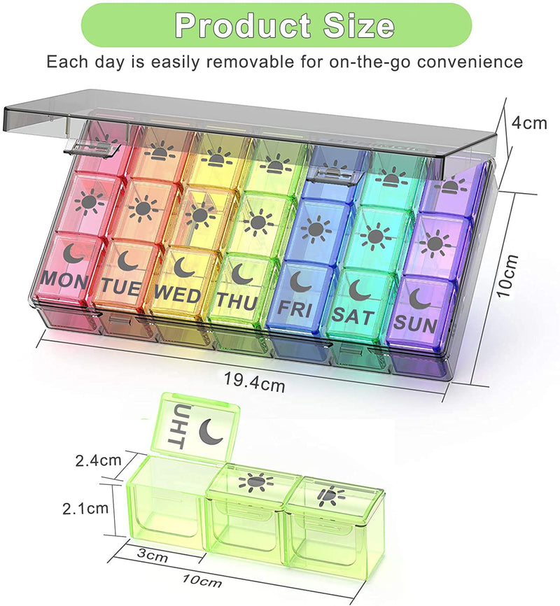 7 Day Pill Box Organiser 3 Times a Day, Large Weekly Pill Box Case with 21 Compartments for Morning Noon Evening - Rainbow Colour - BeesActive Australia