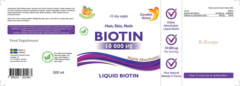 Swedish Nutra Liquid Biotin - Pack of 500ml, 33 Day Supply | Orange Flavour Biotin for Healthy Hair Clear Skin & Strong Nails | Contains Vitamin C & 100% Natural Flavour | High Absorption Rate - BeesActive Australia