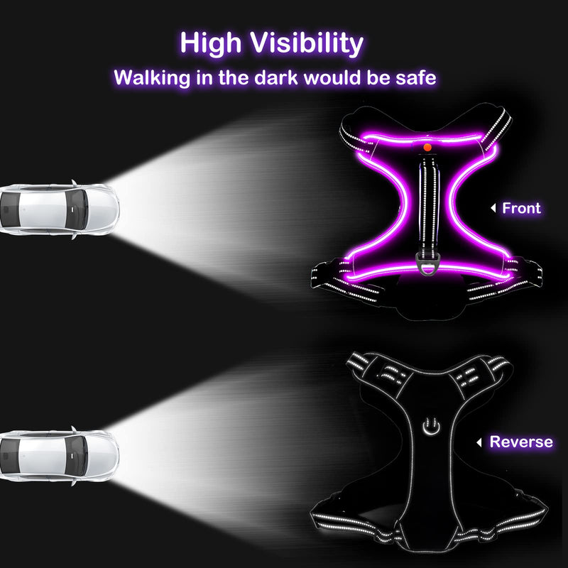 Light Up Dog Harness No Pull LED Dog Harness with Handle Vizbrite Rechargeable Lighted Dog Vest Harness for Small/Medium/Large/X-Large Size Dogs No Pull, 4 Point Adjustable Easy Walk Dog Harness. Purple-Pink Medium - BeesActive Australia
