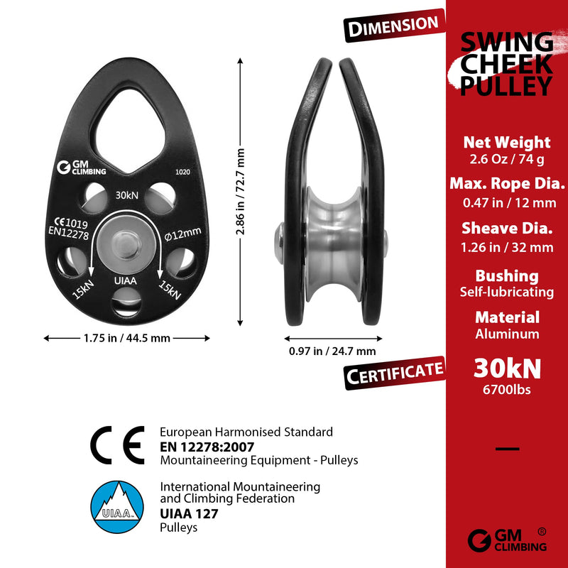 GM CLIMBING Hitch Slack Tending Pulley Kit for Double Rope Climbing System Basic Unit of General Hauling - 30kN Swing Cheek Micro Pulley & Oval Locking Carabiner & 30in 8mm VT Prusik Kit | Micro Swing Cheek Pulley (Black, Bushing) - BeesActive Australia