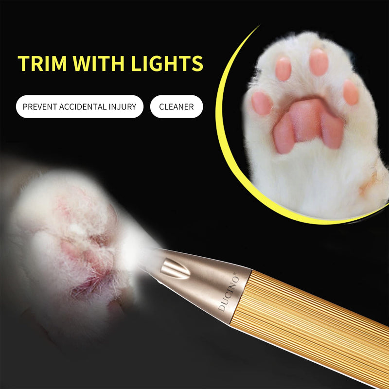 Dog Paw Clippers with LED, USB Rechargeable Professional Dog Grooming Kit, Low Noise Dog Paw Trimmer for Small Dogs and Cats Hair Around Face, Paws, Eyes, Ears, Rump (Gold) Gold - BeesActive Australia