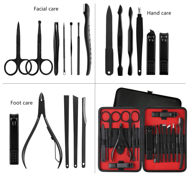 Manicure Set By Aoyuele Nail Clippers Set 18 in 1 Grooming Kit Stainless Steel Professional Pedicure Set,Nail Scissors,Nail File, Nose Hair Scissors,Eyebrow Razor,Ear-Pick,Tweezers (Black) - BeesActive Australia