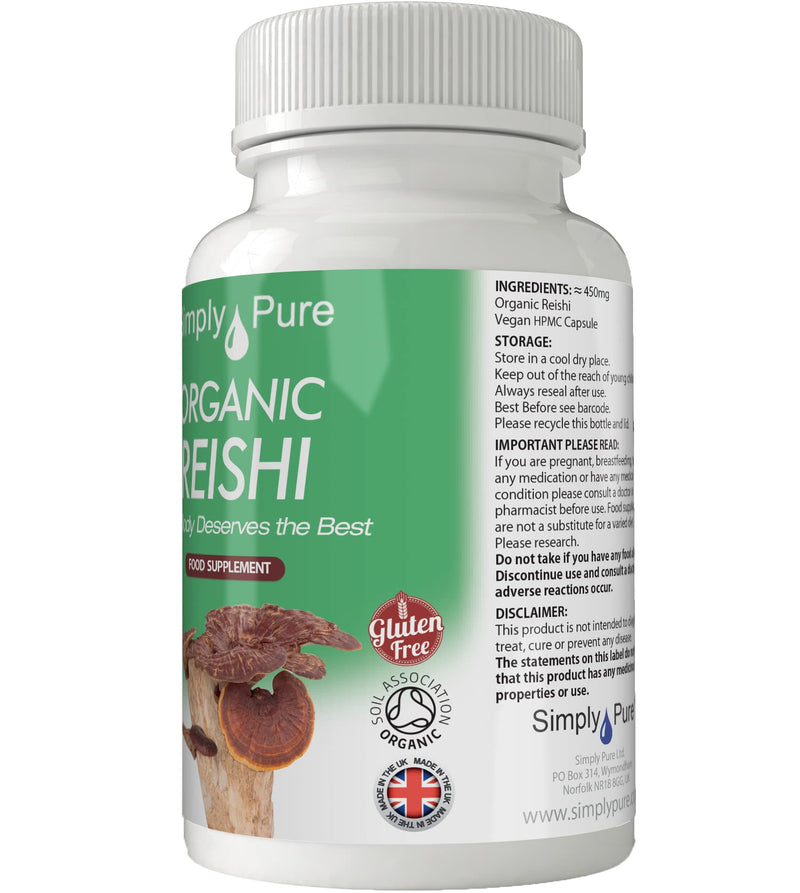Simply Pure Organic Reishi Capsules x 90, 450mg, 100% Natural Soil Association Certified, Gluten Free, GM Free and Vegan. - BeesActive Australia