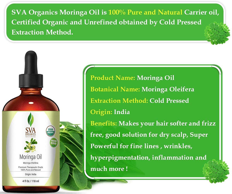 SVA Organics Moringa Oil 4 Oz Organic 100% Pure & Natural Carrier Oil Authentic & Premium Therapeutic Grade Oil for Skin Care, Hair Care, Aromatherapy & Masssage - BeesActive Australia