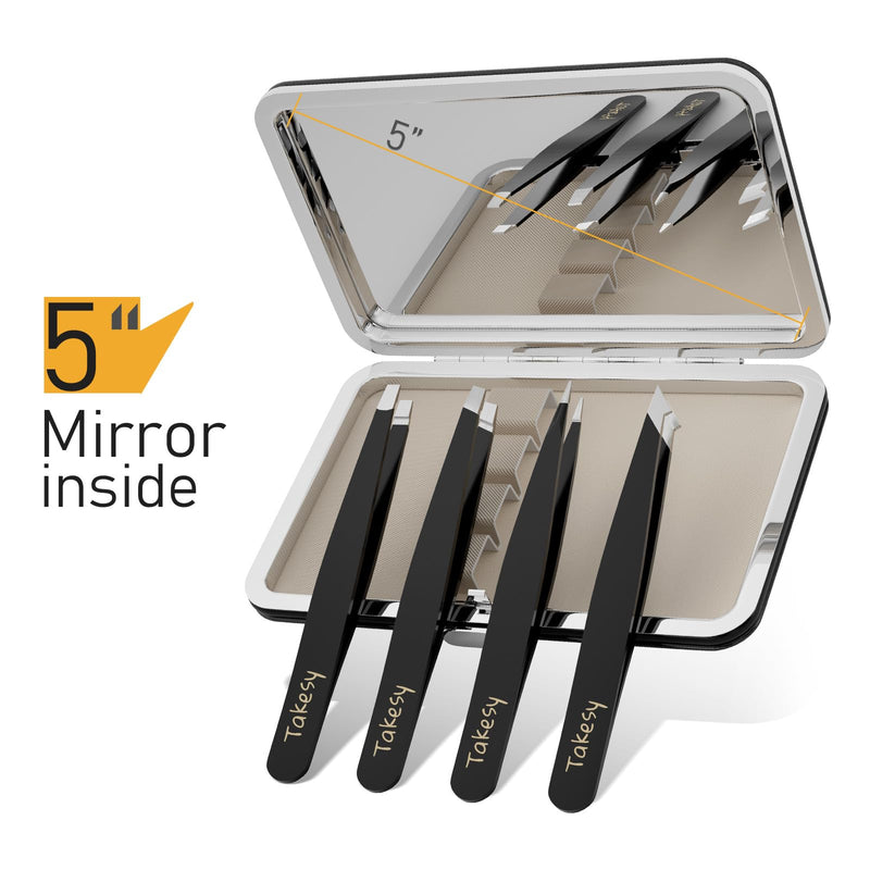 Hair Plucker Remover Tweezer with Mirror Case Travel, Stainless Steel Tweezers for Men for Chin Hair, Facial Hair Eyebrow Ingrown Hair Removal Kit (Black) Black - BeesActive Australia