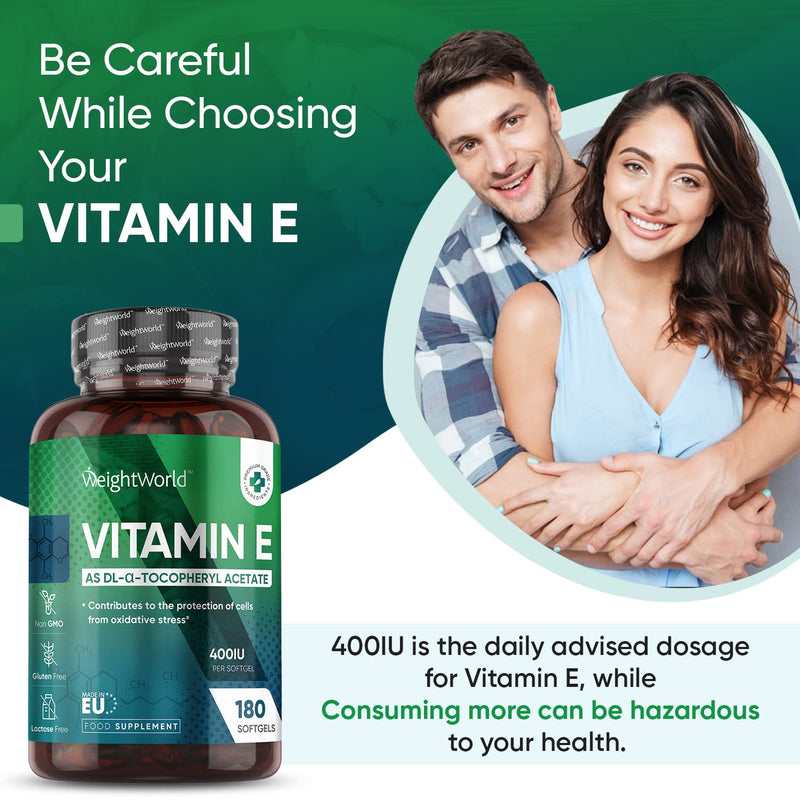 Vitamin E Capsules Softgels 400IU (Advised Intake) - 180 Vit E Softgels (6 Month Supply) - High Strength Vitamin E Oil Capsule - Hair Nail Skin Supplement - Natural Alpha Tocopheryl (Not Vit E Tablet) - BeesActive Australia