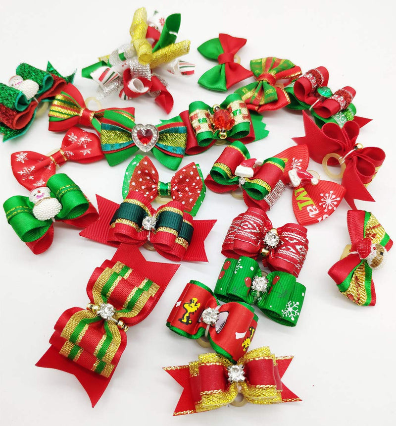 Hixixi 100pcs Dog Puppy Cat Christmas 3D Rhinestone Hair Bows with Rubber Bands Flat Pet Xmas Grooming Accessories - BeesActive Australia