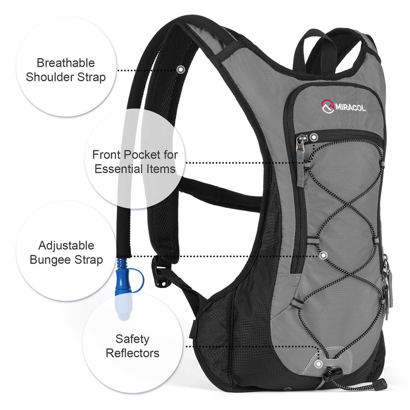 MIRACOL Hydration Backpack with 2L BPA-Free Bladder Lightweight Hydration Pack for Running Hiking Climbing Biking Cycling Skiing A-Grey - BeesActive Australia