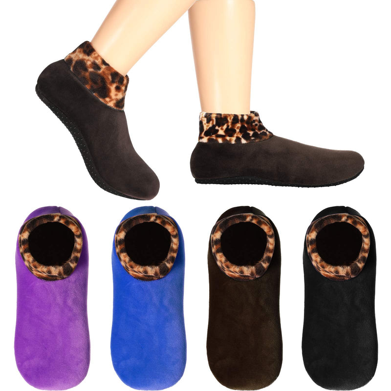 4 Pairs Non-Slip Thermal Socks Fleece Lady Floor Socks Leopard Printed Black, Blue, Purple, Coffee - BeesActive Australia