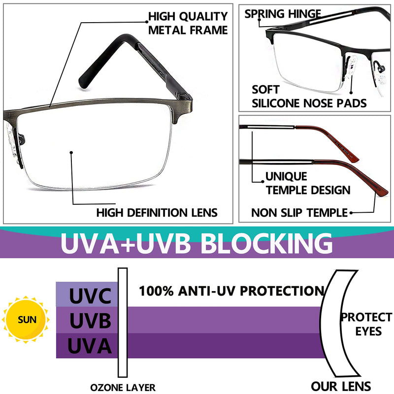 JJWELL 3 Pack Blue Light Reading Glasses for Men, Lightweight Metal Rectangle Semi Rimless Readers for Men, Anti Eyestrain/Computer Glare/UV, Half Frame Spring Hinge Eyeglasses with Pouches Black Gunmetal Brown 1.5 x - BeesActive Australia
