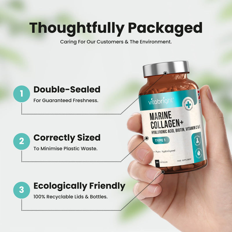 Marine Collagen Capsules 1000mg - 120 Capsules - 9 Powerful Skin Supporting Nutrients - Type 1 Hydrolysed Pure Marine Collagen with Hyaluronic Acid - Marine Collagen Supplement by VitaBright - BeesActive Australia